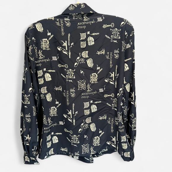 Vintage Liz Claiborne Teacher ABC’s Calligraphy Novelty Print Shawl Collar Top - Picture 3 of 9